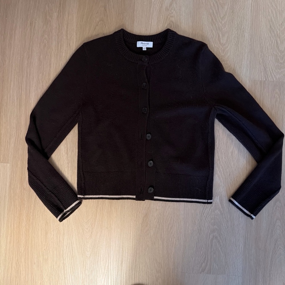 Madewell Cashmere Dark Brown Crewneck Button-Front Cardigan with Cream Trim - Picture 4 of 5
